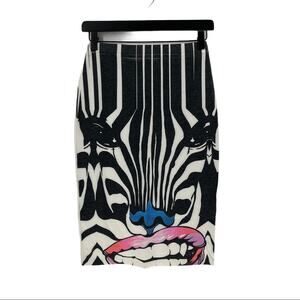 Graphic Zebra Face Pink Lips Print White Black Women's Midi Skirt Size Small S
